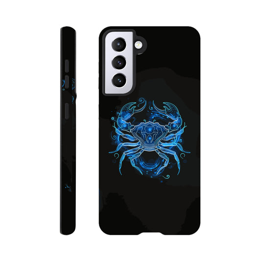 A Samsung Galaxy S21 Phone Case with the following design - A simple white line drawing of the symbol for Cancer-a Crab, with blue outlines on black background. The design is minimalistic and elegant, focusing only on basic shapes to represent the zodiac sign's symbolism in astrology. It has an art deco style that highlights its curves and swirls, creating a sense of motion or energy within each curve.