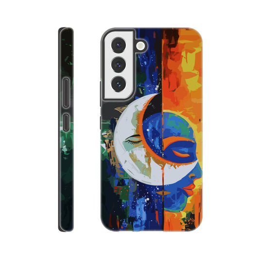 A Samsung Galaxy S22 Phone Case with the following design on it - Abstract painting of a crescent moon and sun in the sky, half is orange blue green color with black silhouette of male face, other side has bright vibrant colors, abstract, modern art style