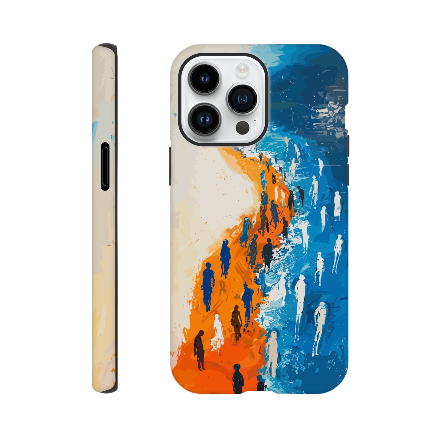 An iPhone 14 Pro Max Phone Case with the following design on it - the Sahara desert pouring into a beautiful ocean while a large group of non distinct human forms wade through the shallows as well as walk along the new shore, blue, orange, white, style of fauvism