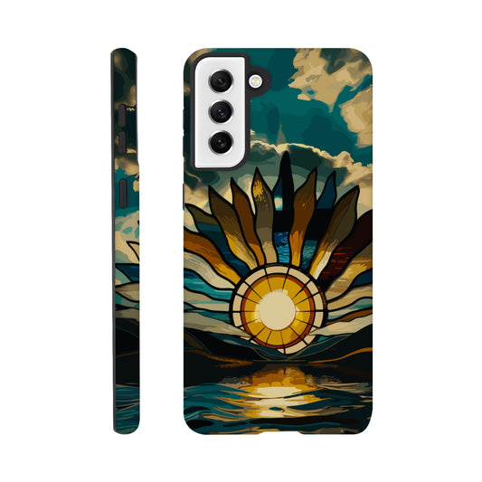 A Samsung Galaxy S21 Plus Phone Case with the following design on it: A giant stained glass sun, with rays of light reflecting on the water below, in a cinematic, epic, fantasy art style