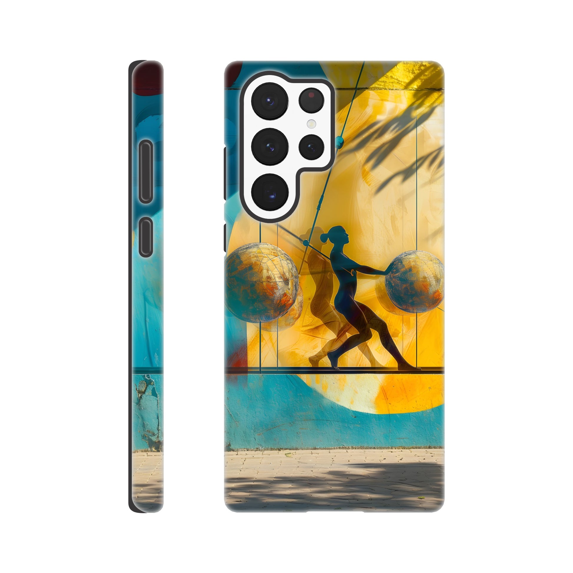 A Samsung Galaxy S22 Ultra Phone Case with the following design on it: A colorful mural depicting the figure of a Female athlete with two circles and three spheres in yellow, blue, and red colors, painted on concrete walls. A woman is running between them while holding another sphere in her hand. The shadows cast by palm trees create dynamic patterns that highlight details like dots and lines, adding depth to the scene