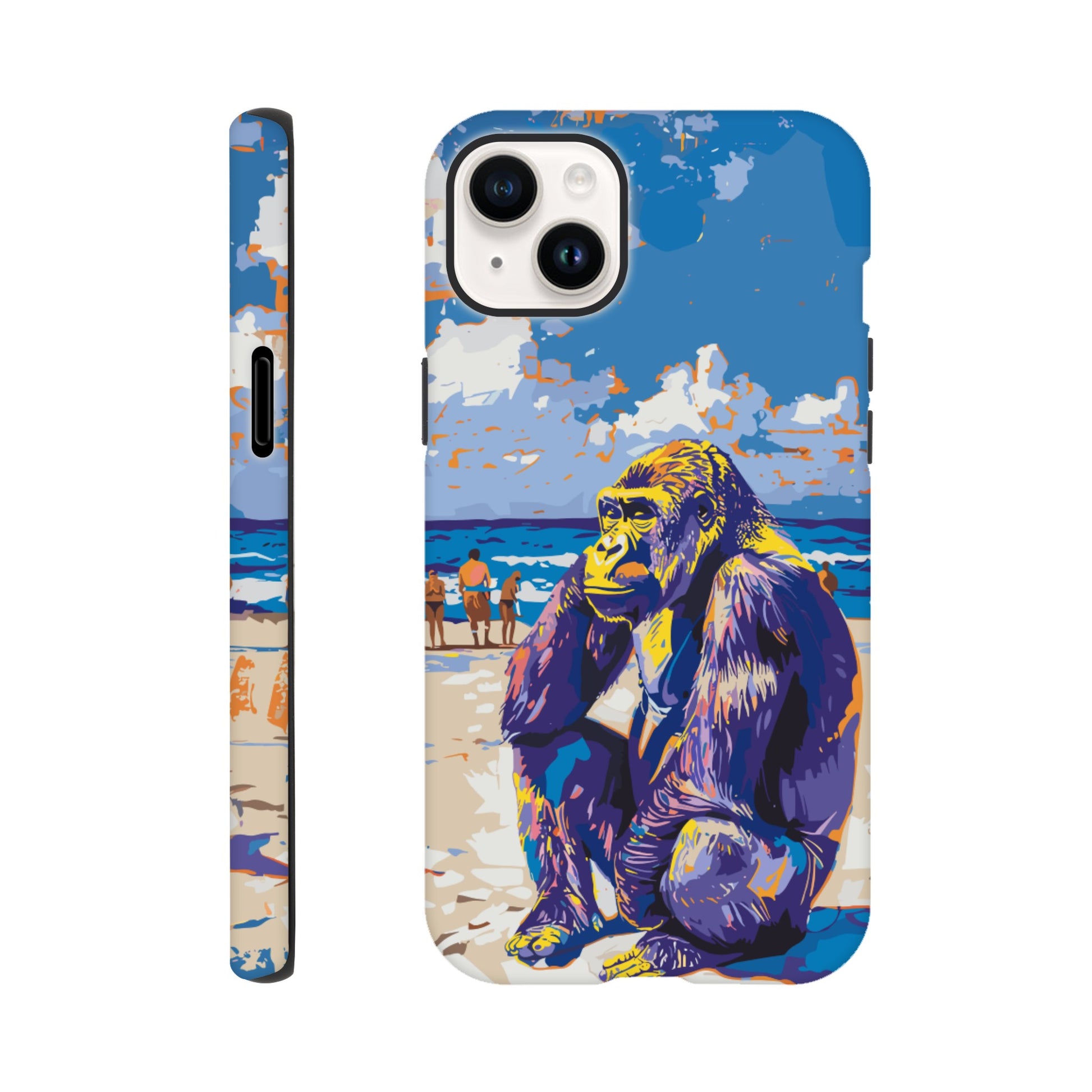 An iPhone 14 Plus with a design of a Gorilla at the beach thinking while a diverse group of people stroll along the beach in the background, royal blue, orange, purple, yellow, white, fauvism meets pop art