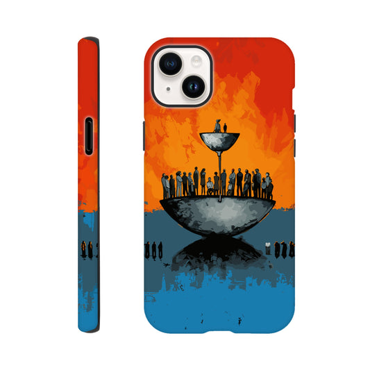 An Apple iPhone 14 Plus Phone Case with the following design on it - A large person is sitting in a bowl of a weighing scale. There is a larger bowl beneath this with lots of people in it. Income Inequality is theme, pop art, blue, orange, black, and red