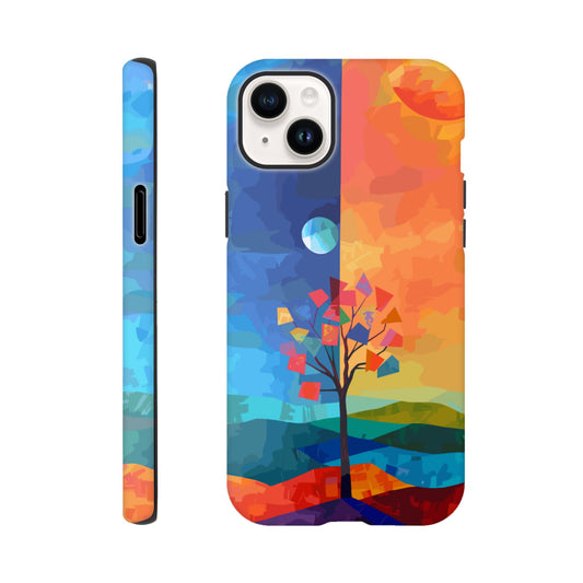 An Apple iPhone 14 Plus Phone Case with the following design on it - A landscape with two distinct color blocks representing day and night, featuring the sun on one side and the moonlight on the other, with a tree in between, depicted as geometric shapes and colors in the style of abstract art, with vibrant and contrasting colors, a modern digital painting