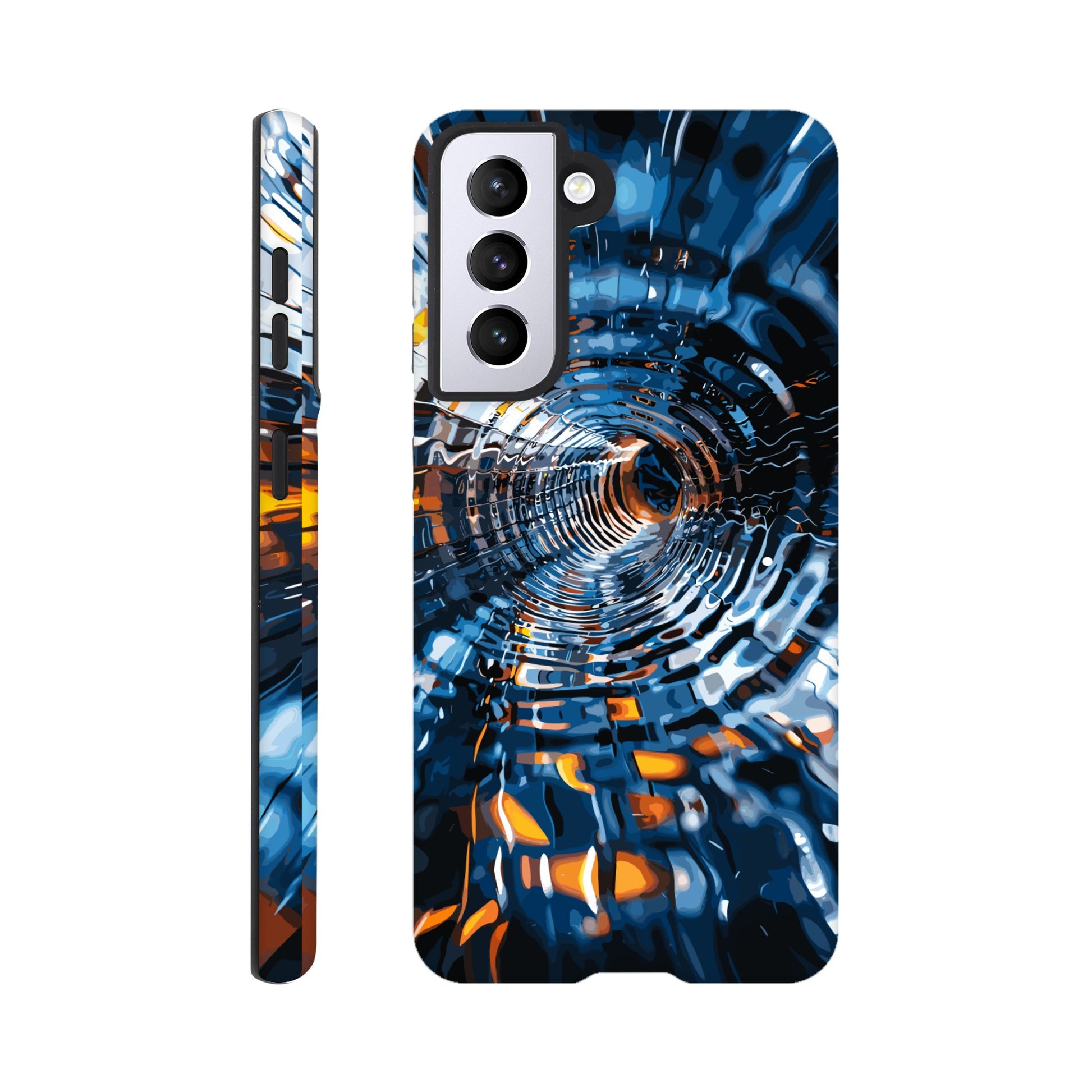 A Samsung Galaxy S21 Phone Case with the following design on it: abstract futuristic tunnel made of chrome and glass, motion blur, dark blue background, orange highlights. The tunnel was created in the style of an abstract futuristic design using chrome and glass with a motion blur effect against a dark blue background highlighted with orange