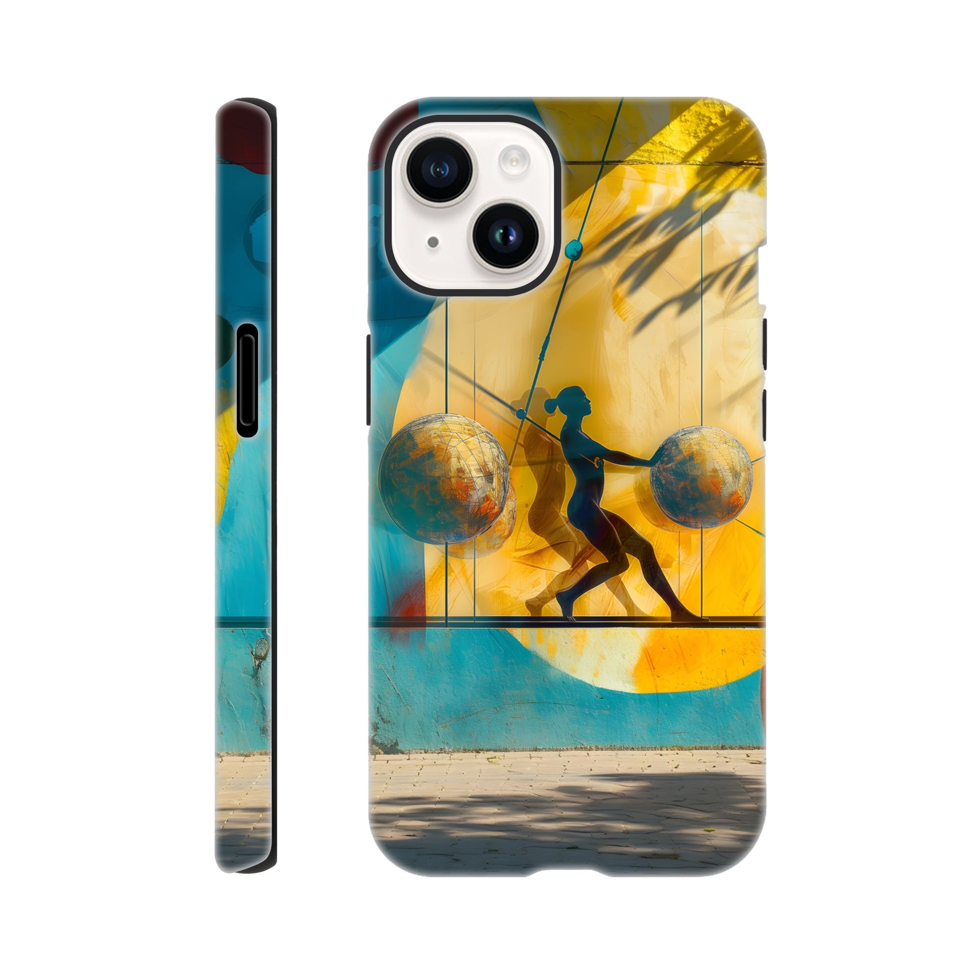 An Apple iPhone 14 Phone Case with the following design on it: A colorful mural depicting the figure of a Female athlete with two circles and three spheres in yellow, blue, and red colors, painted on concrete walls. A woman is running between them while holding another sphere in her hand. The shadows cast by palm trees create dynamic patterns that highlight details like dots and lines, adding depth to the scene