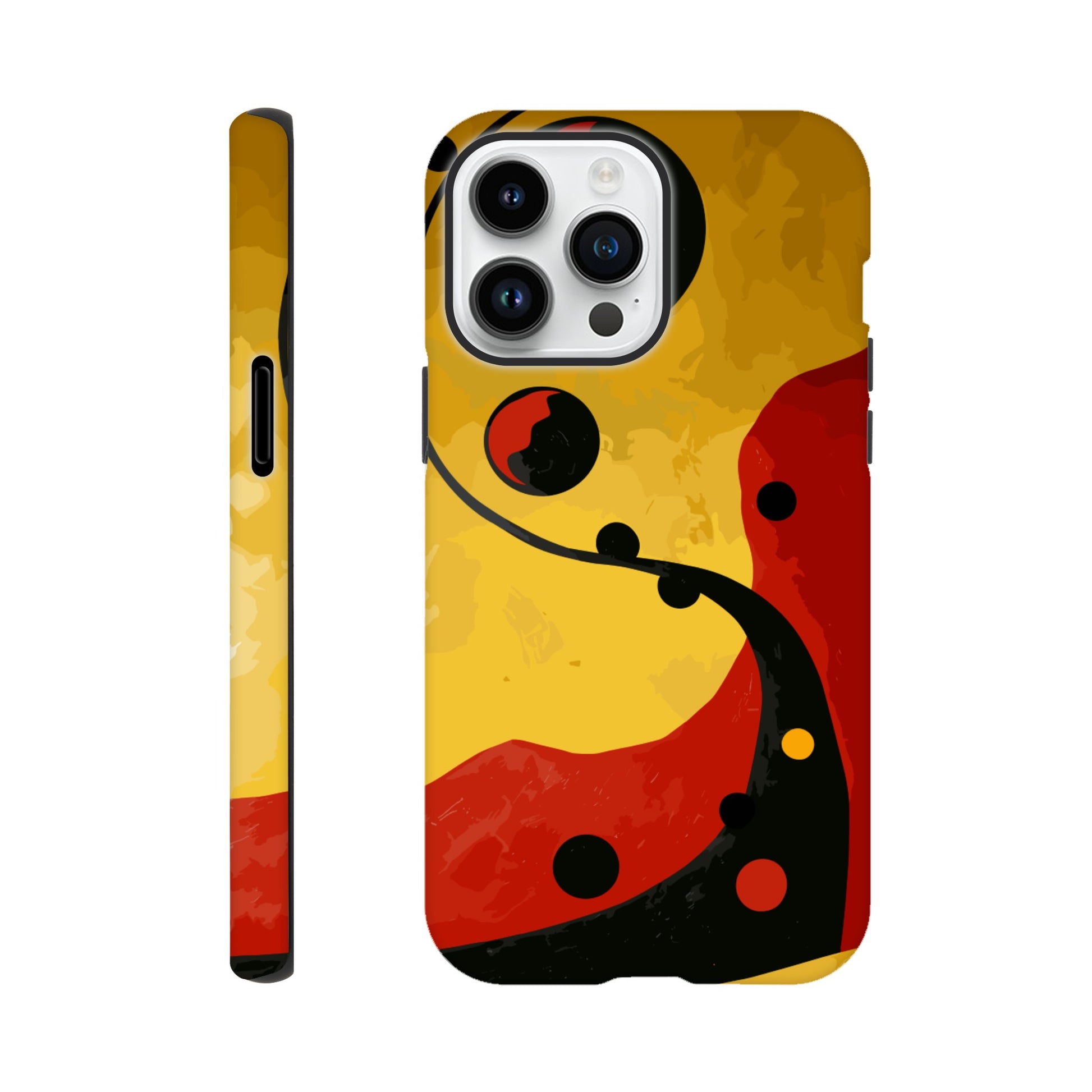 An Apple iPhone 14 Pro Max Phone Case with the following design on it - Abstract painting of yellow, red and black dots on the wall in an art deco style. The background is a dark gradient from light to deep yellow. In the foreground there's a swirl with three circles that resemble multiple shapes within each other, giving it depth. It has organic curves but also geometric elements.