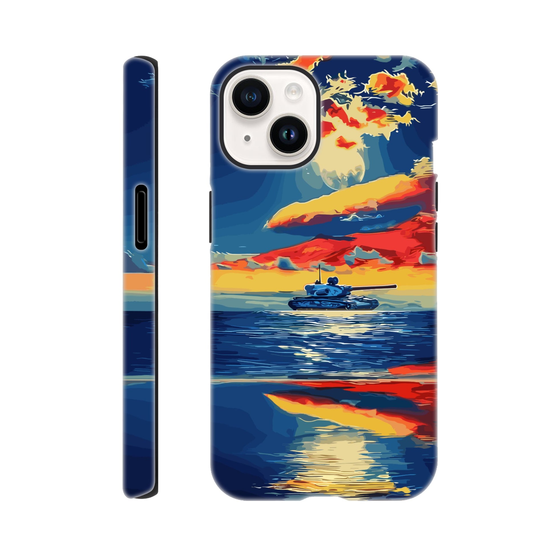 An Apple iPhone 14 Phone Case with the following design on it : A tank is sailing on the sea, with colorful clouds in the sky and a sunset reflection on the water surface, the style of an oil painting. The main colors of red, blue, yellow and orange are presented in a flat illustration