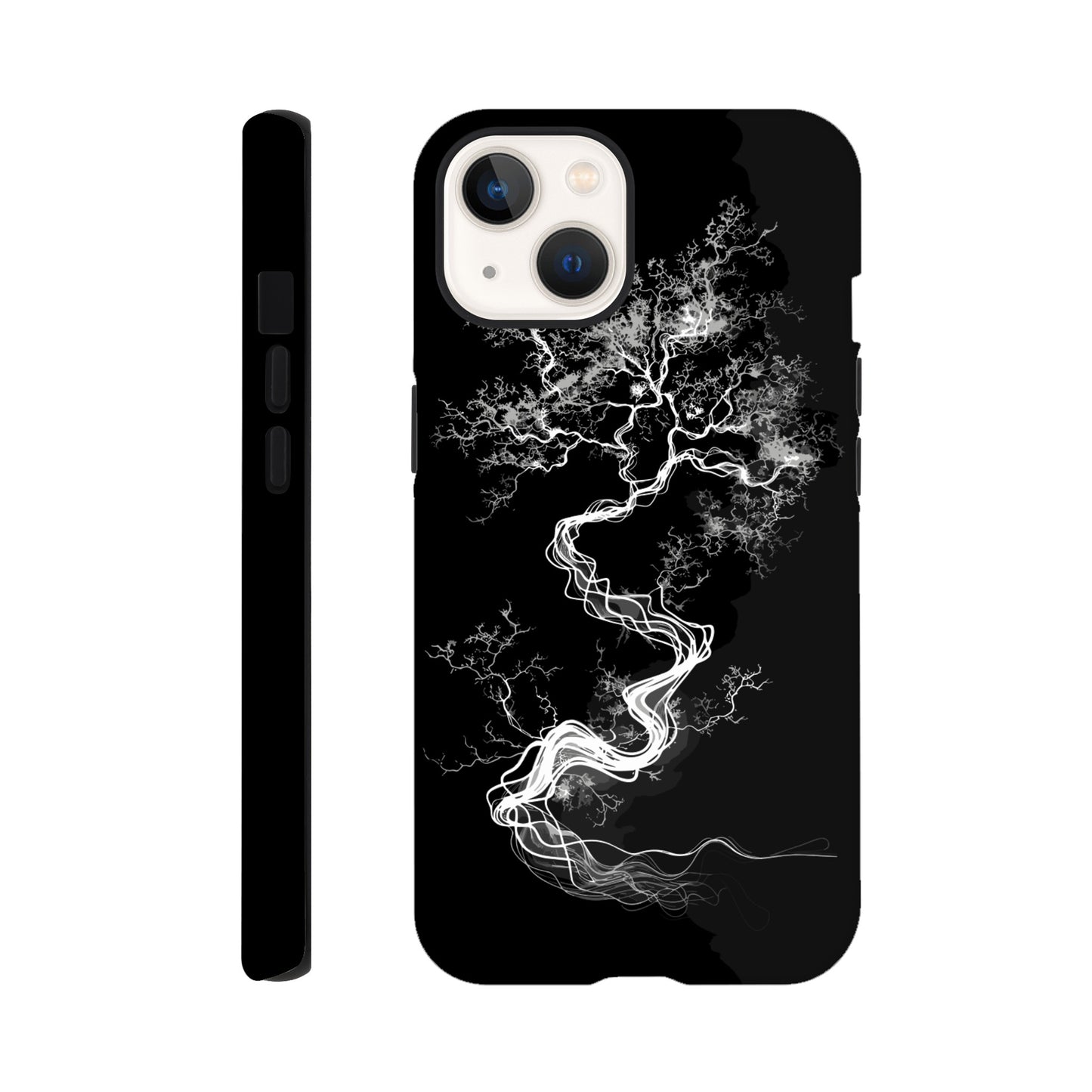 An Apple iPhone 13 Phone Case with the following design on it - a sketch of a white fractal tree against a black background