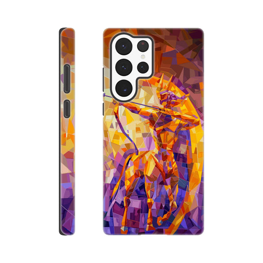 A Samsung Galaxy S22 Ultra Phone Case with the following design on it: A centaur- the half man half horse archer and symbol of the astrological sign Sagittarius, the character is imagined through an artist who is adept at the artistic style of cubism, orange, purple, yellow