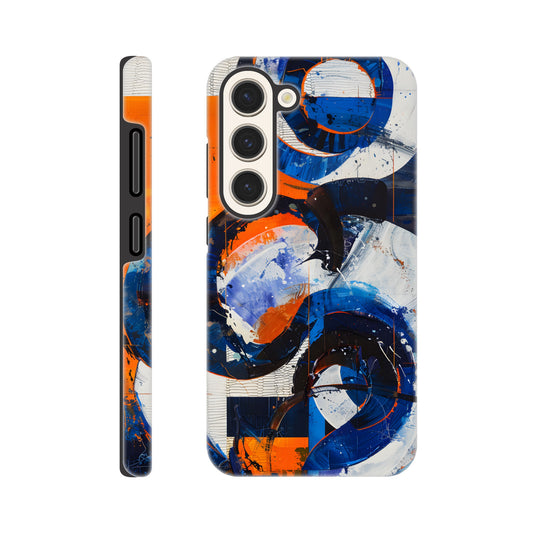 A Samsung Galaxy S23 Phone Case with the following design on it - An abstract painting of circles and squares in orange, blue and white, with an overall sense of movement and vitality. The background is collage-like, with elements such as textures, lines, stripes, scribbles and splashes of paint, along with irregular shapes