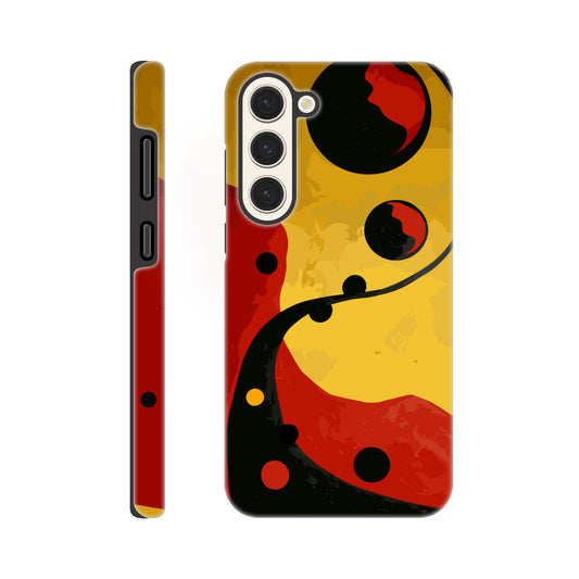 A Samsung Galaxy S23 Plus Phone Case with the following design on it - Abstract painting of yellow, red and black dots on the wall in an art deco style. The background is a dark gradient from light to deep yellow. In the foreground there's a swirl with three circles that resemble multiple shapes within each other, giving it depth. It has organic curves but also geometric elements.