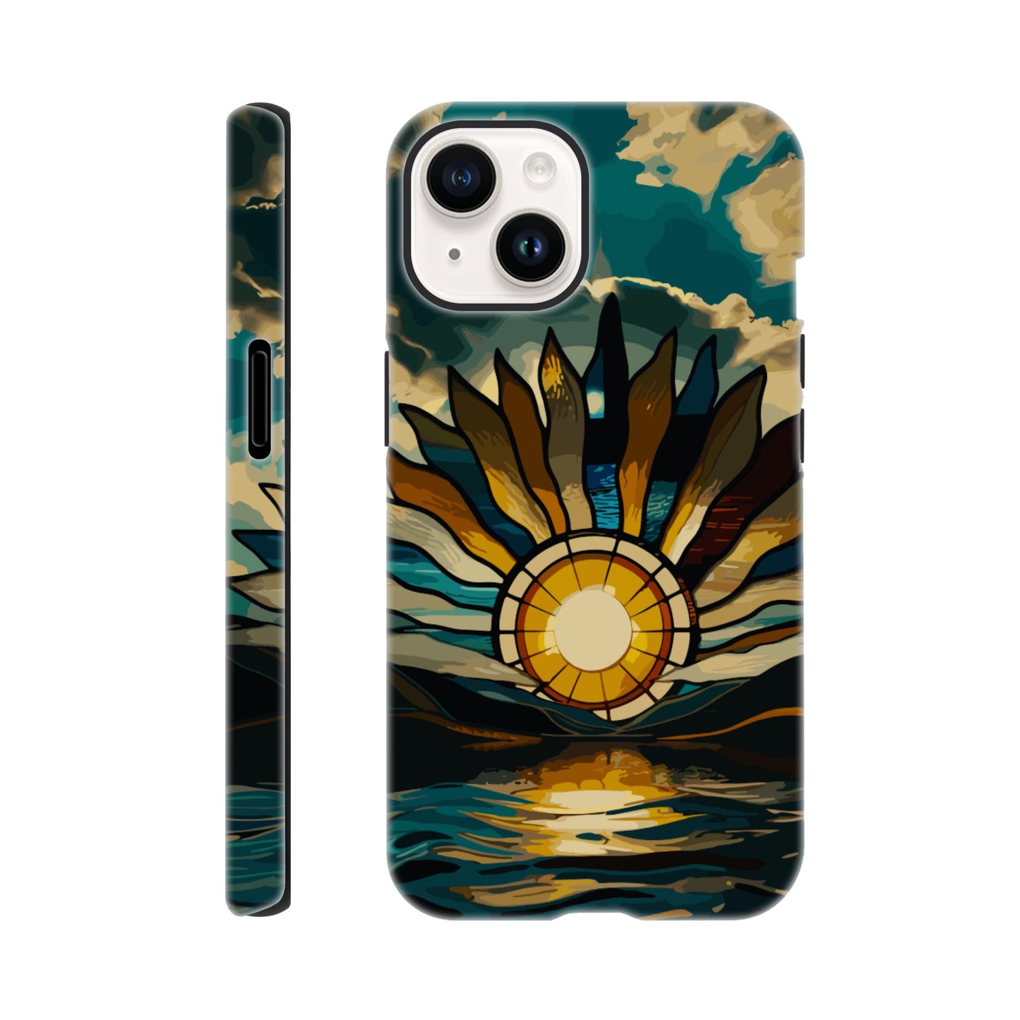 An iPhone 14 Phone Case with the following design on it: A giant stained glass sun, with rays of light reflecting on the water below, in a cinematic, epic, fantasy art style