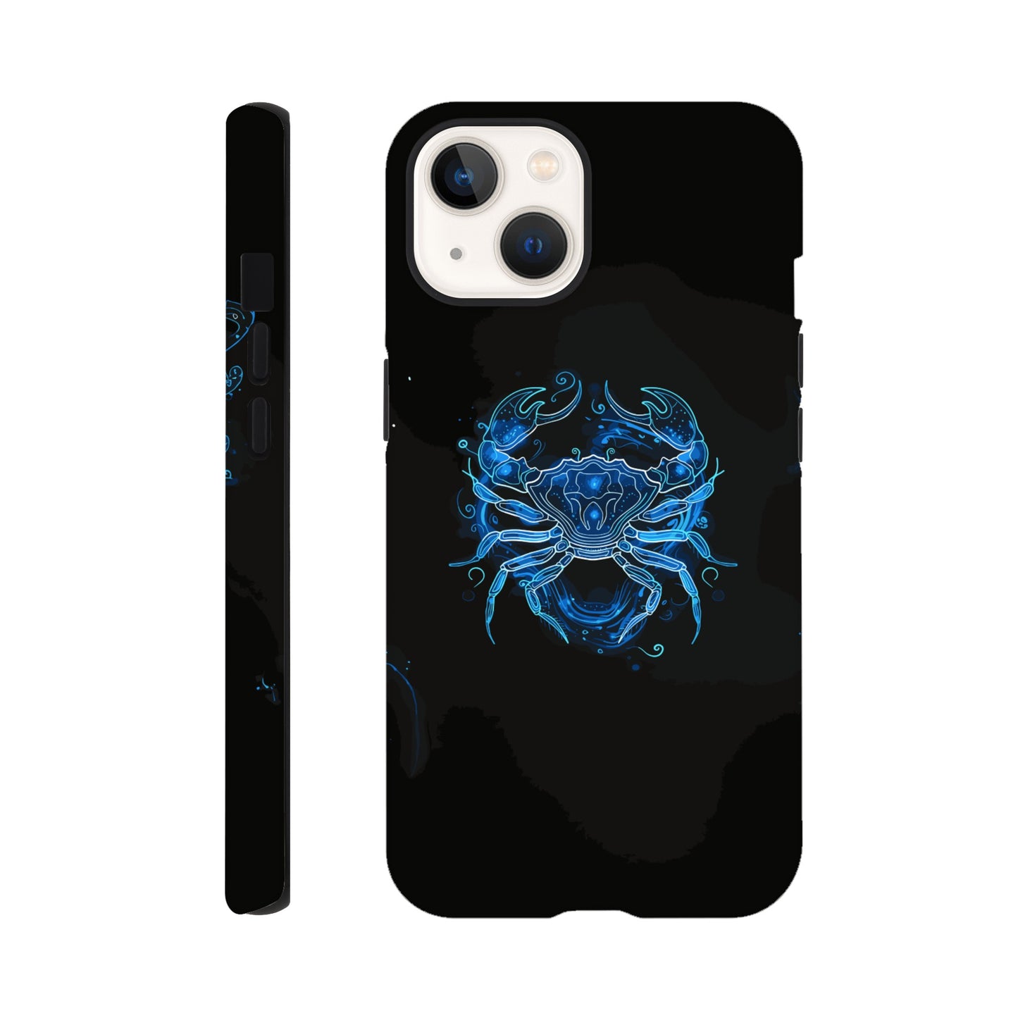 An Apple iPhone 13 Phone Case with the following design - A simple white line drawing of the symbol for Cancer-a Crab, with blue outlines on black background. The design is minimalistic and elegant, focusing only on basic shapes to represent the zodiac sign's symbolism in astrology. It has an art deco style that highlights its curves and swirls, creating a sense of motion or energy within each curve.