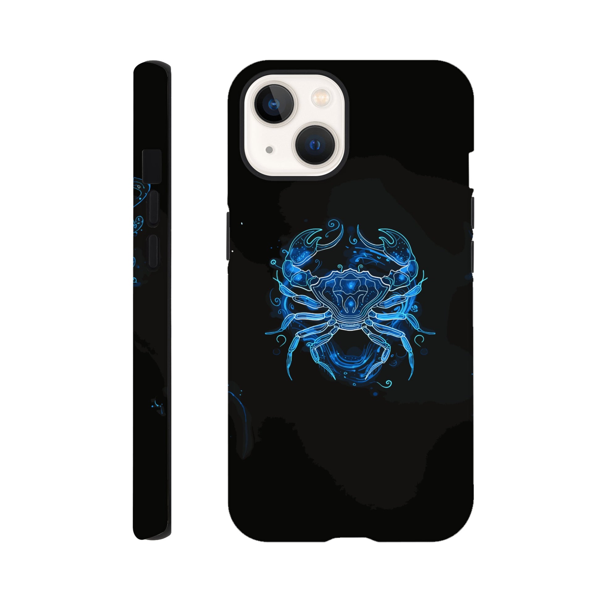 An Apple iPhone 13 Phone Case with the following design - A simple white line drawing of the symbol for Cancer-a Crab, with blue outlines on black background. The design is minimalistic and elegant, focusing only on basic shapes to represent the zodiac sign's symbolism in astrology. It has an art deco style that highlights its curves and swirls, creating a sense of motion or energy within each curve.