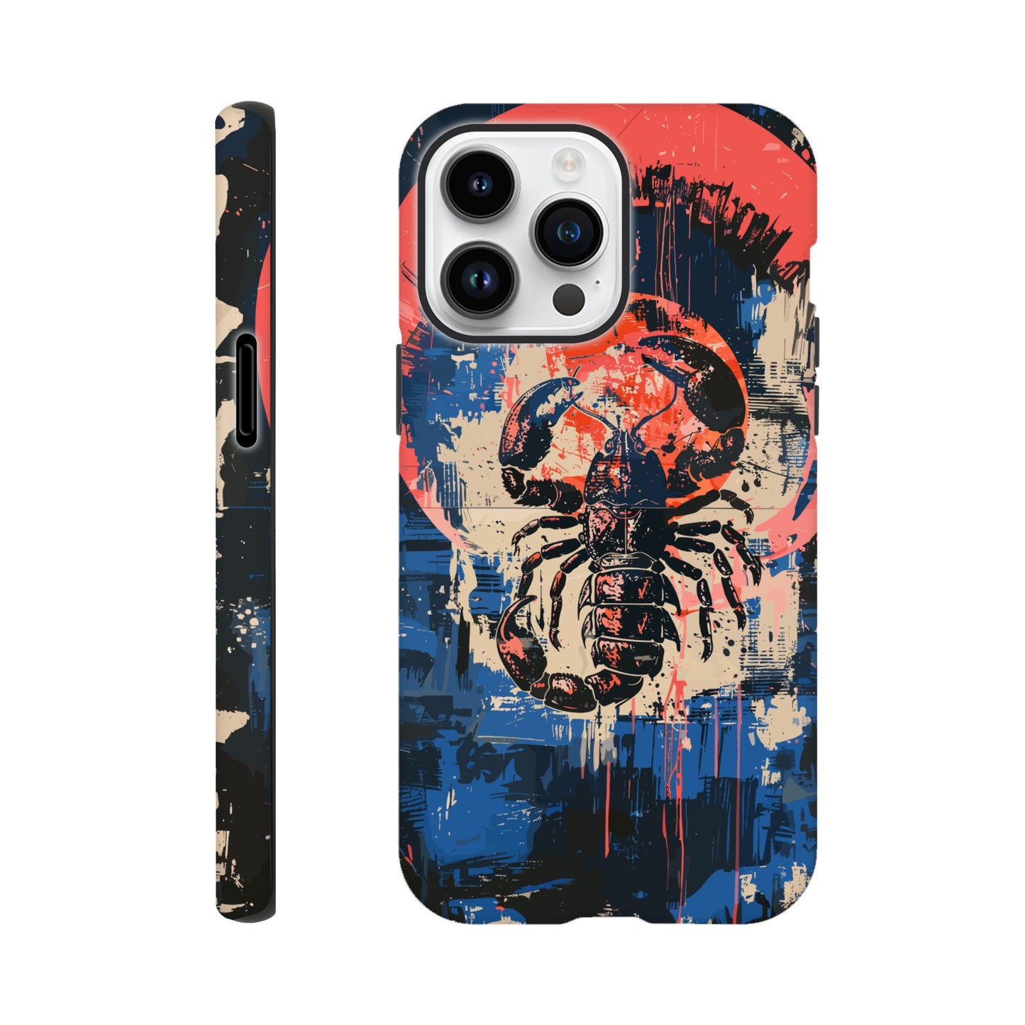 An Apple iPhone 14 Pro Max Phone Case with the following design on it : A painting of a Scorpio with red accents, the Scorpio is the symbol for the astrological sign Scorpio, the Scorpio is positioned in the center against abstract blue and white brushstrokes, within a pink circle. The artwork has a splattered, chaotic background.