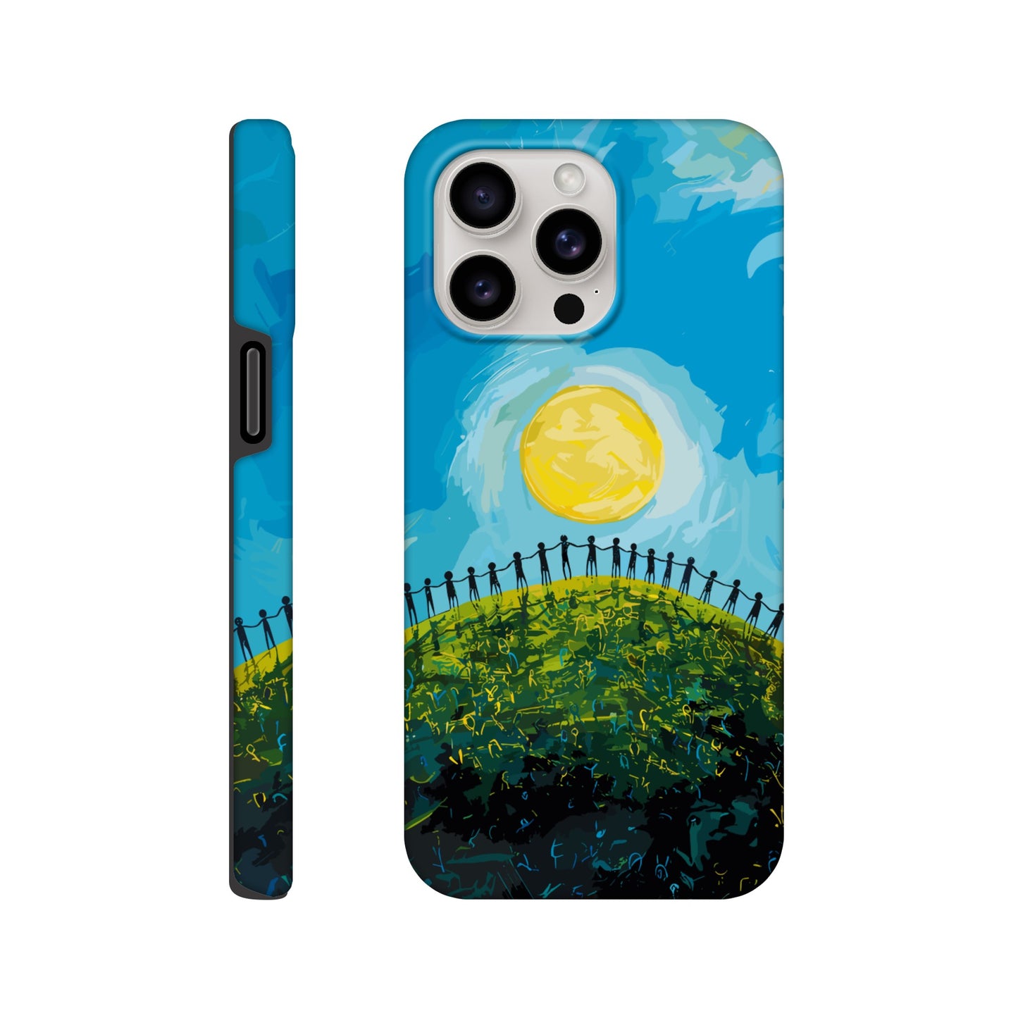 An Apple iPhone 15 Pro Max Phone Case with the following design on it : a large group of dozens of non distinct human forms holding hands under a bright sun on a beautiful green hill with a beautiful blue sky above, pop art