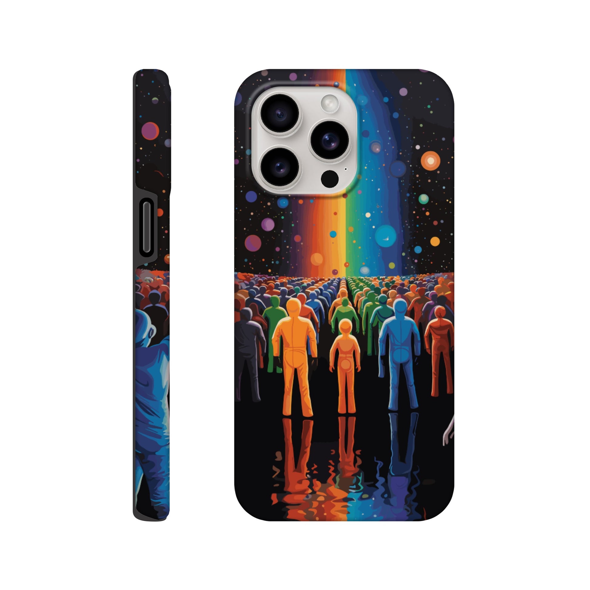 An Apple iPhone 15 Pro Max Phone Case with the following design on it : A cartoonish image of a colorful crowd of people on the surface of an alien planet, with rainbows and stars in the background. The design incorporates different colors to create a visually appealing composition. The lighting creates a sense of depth and dimension. The overall effect conveys wonderment and excitement as if looking out into space