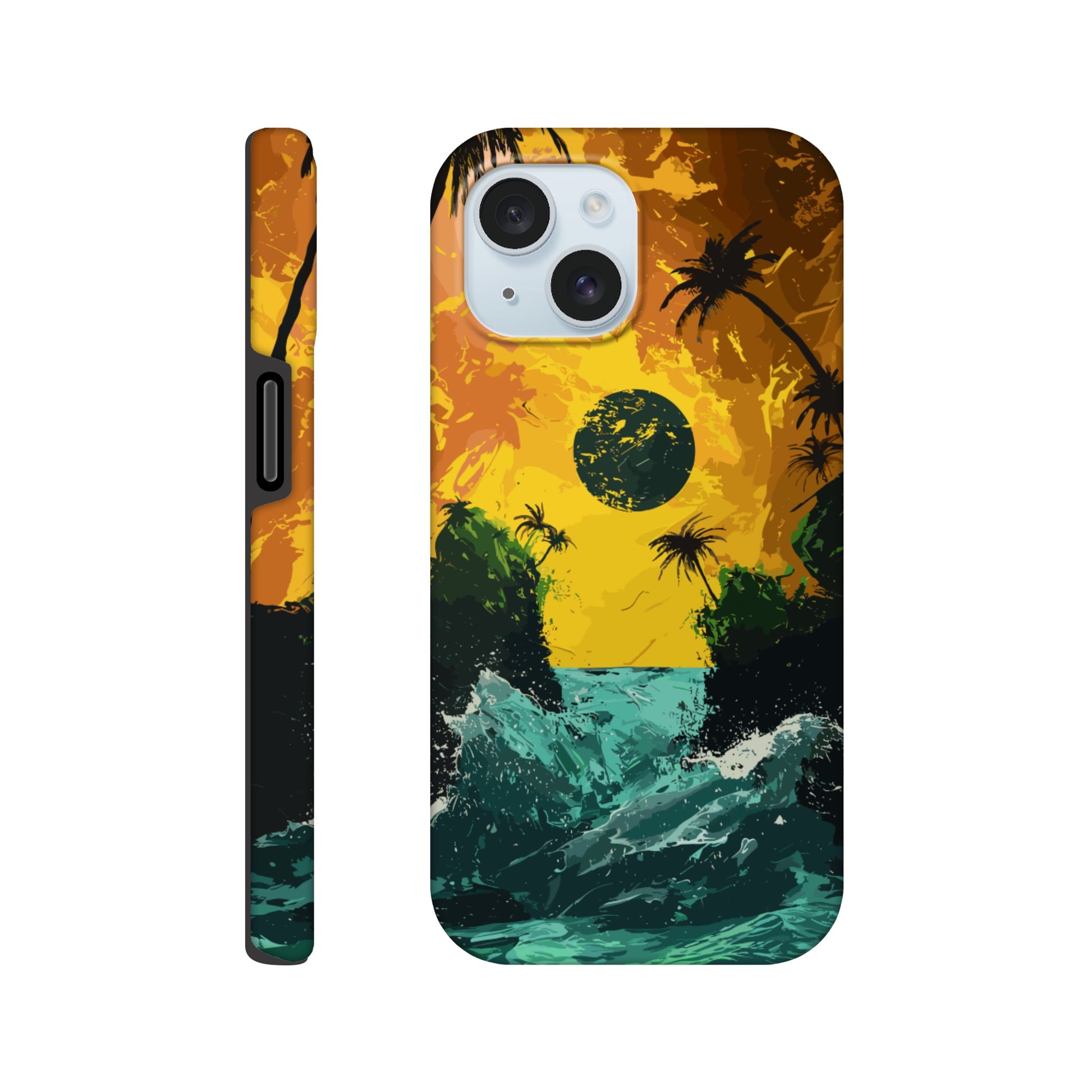 An Apple iPhone 15 Phone Case with the following design on it - Two green islands separated by a violent royal green sea: yellow orangish sky: black sun, alien looking palm trees, surrealism