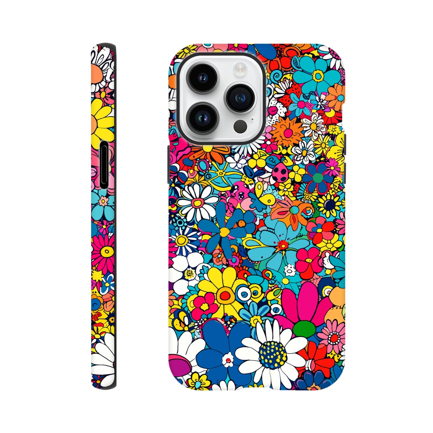 An Apple iPhone 14 Pro Max Phone Case with the following design on it : Lots of retro looking flowers of multiple colors with no discernible arrangement against a white background. 