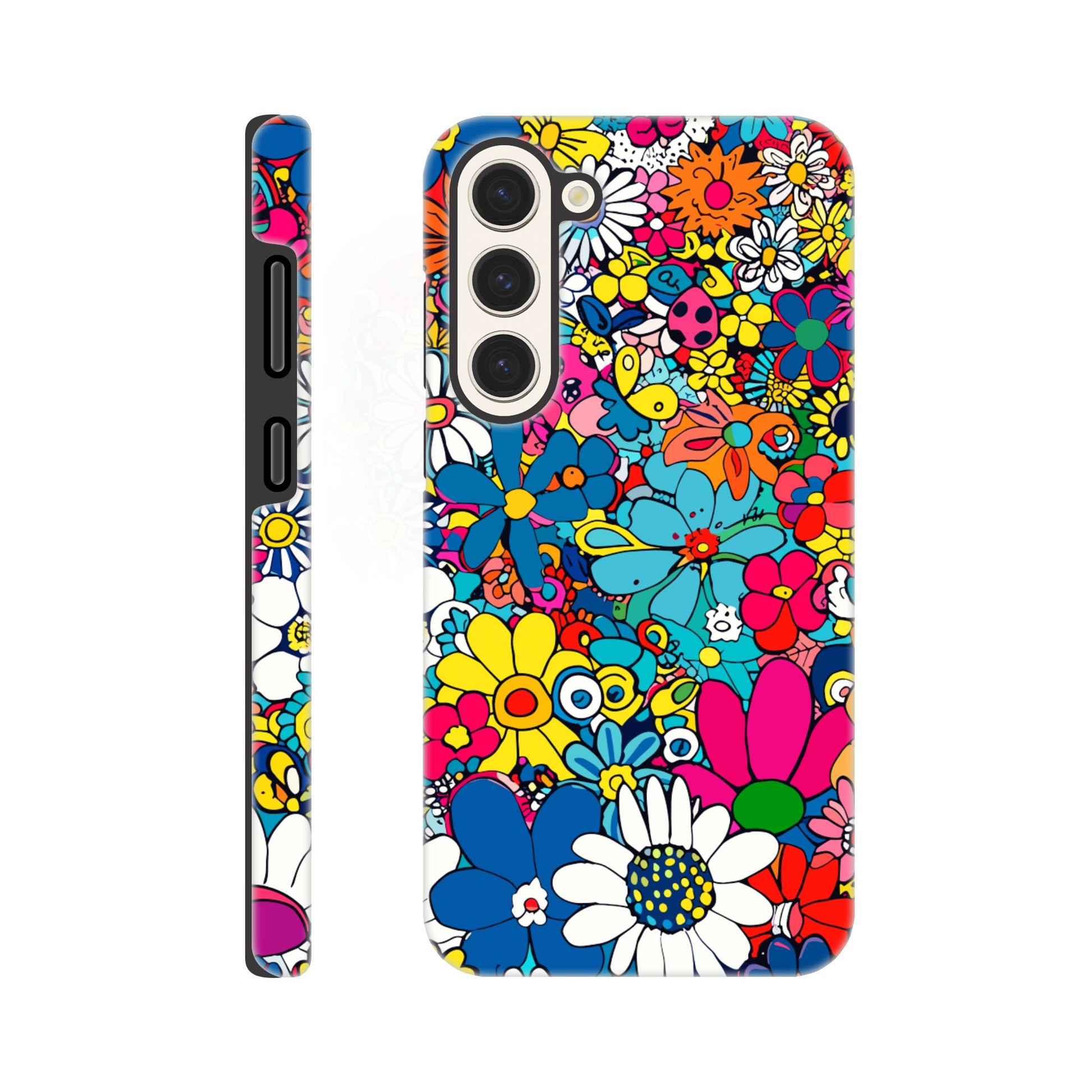 A Samsung Galaxy S23 Plus Phone Case with the following design on it : Lots of retro looking flowers of multiple colors with no discernible arrangement against a white background. 