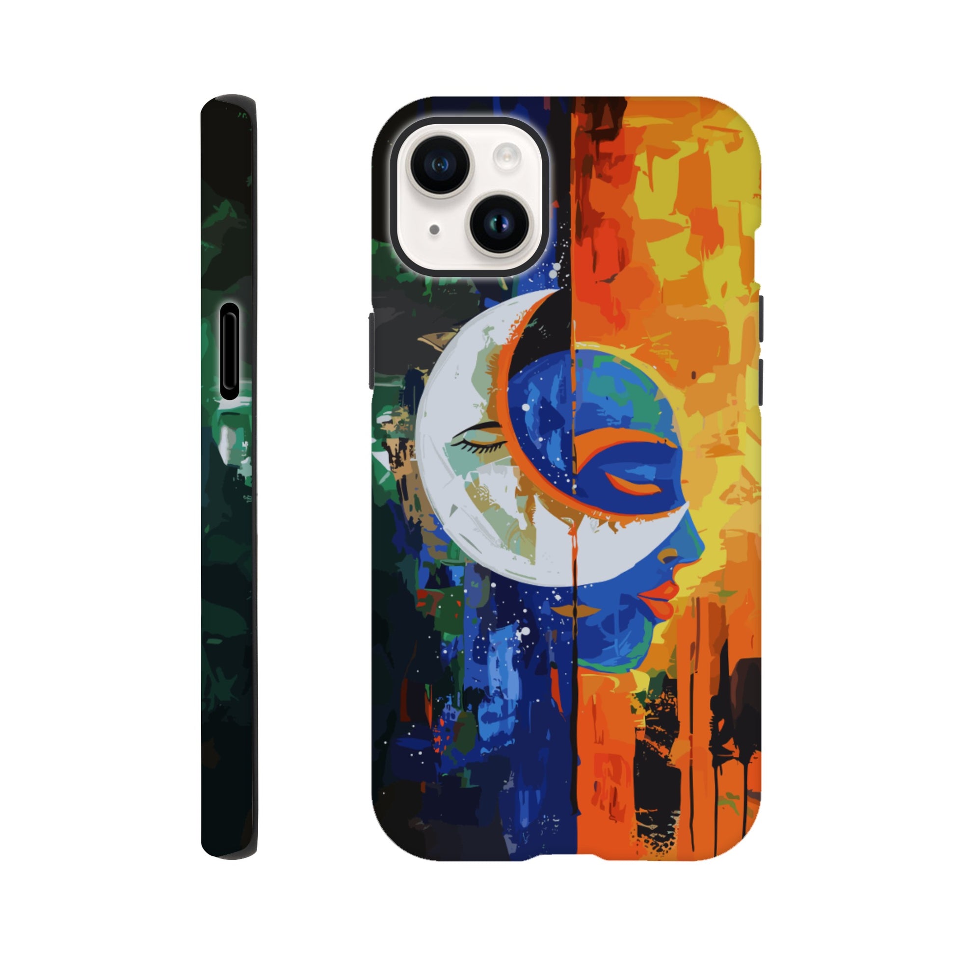 An Apple iPhone 14 Plus Phone Case with the following design on it - Abstract painting of a crescent moon and sun in the sky, half is orange blue green color with black silhouette of either a female or male face, other side has bright vibrant colors, abstract, modern art style