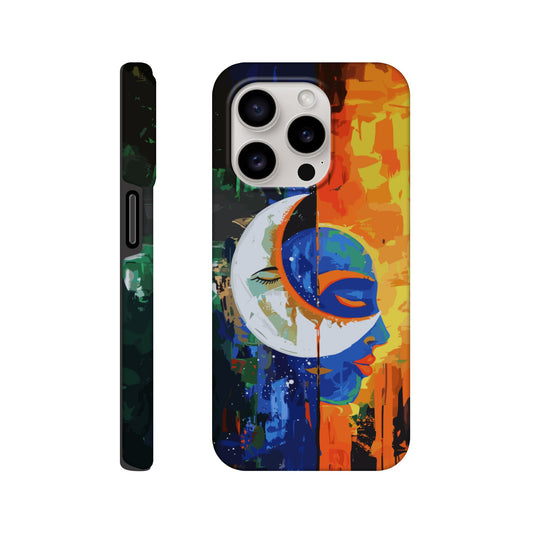 An Apple iPhone 15 Pro Phone Case with the following design on it - Abstract painting of a crescent moon and sun in the sky, half is orange blue green color with black silhouette of either a female or male face, other side has bright vibrant colors, abstract, modern art style