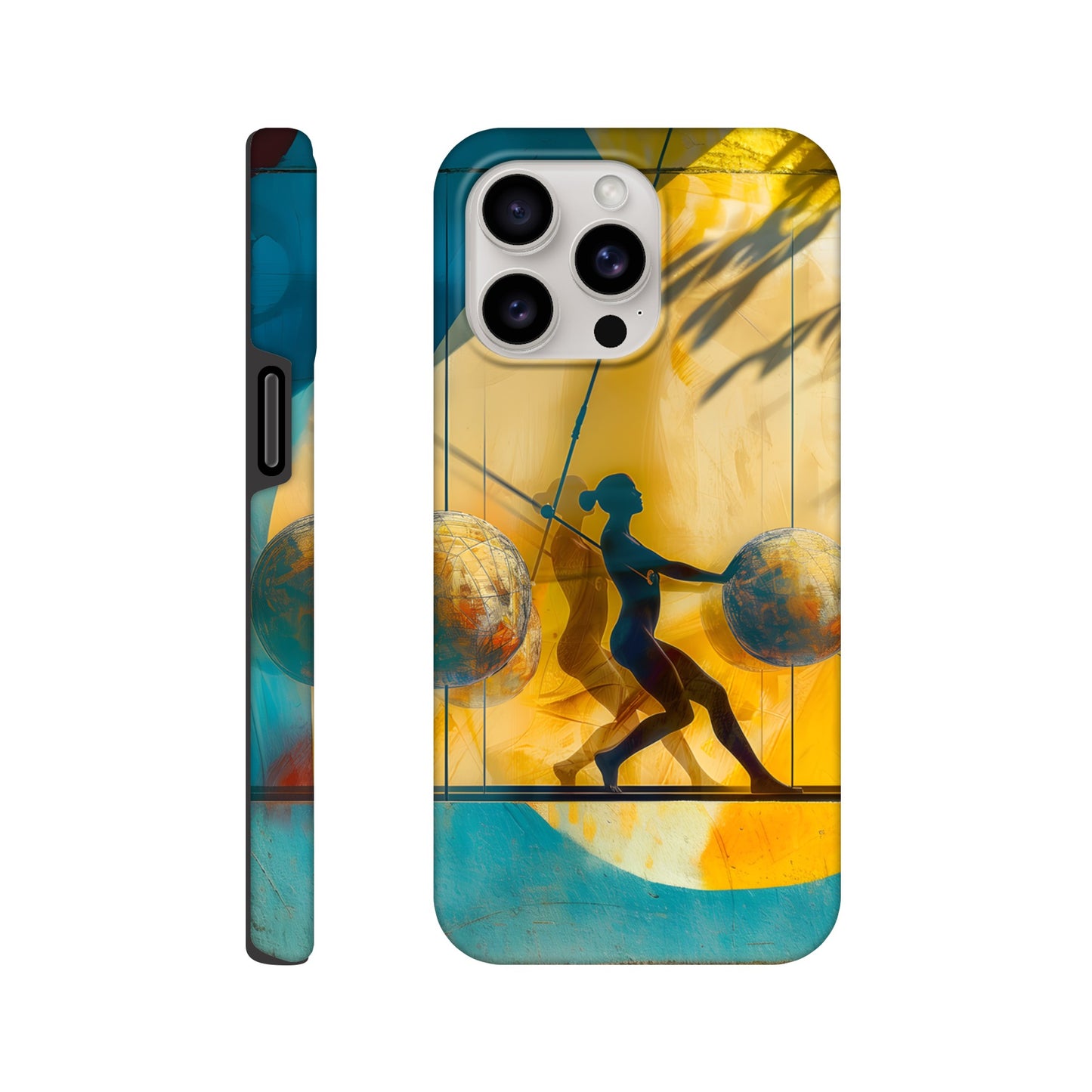 An Apple iPhone 15 Pro Max Phone Case with the following design on it: A colorful mural depicting the figure of a Female athlete with two circles and three spheres in yellow, blue, and red colors, painted on concrete walls. A woman is running between them while holding another sphere in her hand. The shadows cast by palm trees create dynamic patterns that highlight details like dots and lines, adding depth to the scene