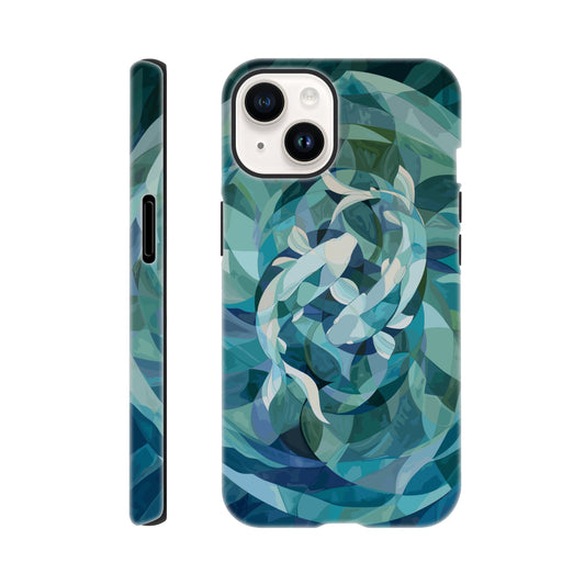 An Apple iPhone 14 Phone Case with the following design on it : A representation of the Pisces zodiac sign depicted as follows - A geometric abstract painting of fish swimming in circles, using shades and shapes to create the illusion that they form an endless circle. The color palette is soft with pastel blues and greens, giving it a calming effect. This artwork symbolizes motion, energy flow, chaos theory, infinite reflection, balance between movement and stillness