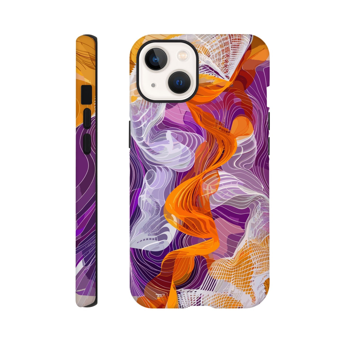 An Apple iPhone 13 Phone Case with the following design on it - A modern digital art piece of an abstract representation of waves and swirls, with orange and purple hues, composed from flowing lines in a white mesh pattern, creating the illusion that they flow like ribbons or threads. The background is a gradient of these colors, adding depth to the composition. This artwork symbolizes movement, fluidity, and dynamic energy through its intricate design.