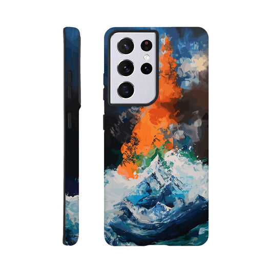 A Samsung Galaxy S21 Ultra Phone Case with the following design on it - the Mariana Trench engulfing Mount Everest, cartoonish surrealism, blue, white, green, orange, black