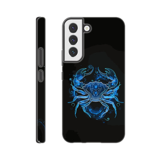 A Samsung Galaxy S22 Phone Case with the following design - A simple white line drawing of the symbol for Cancer-a Crab, with blue outlines on black background. The design is minimalistic and elegant, focusing only on basic shapes to represent the zodiac sign's symbolism in astrology. It has an art deco style that highlights its curves and swirls, creating a sense of motion or energy within each curve.