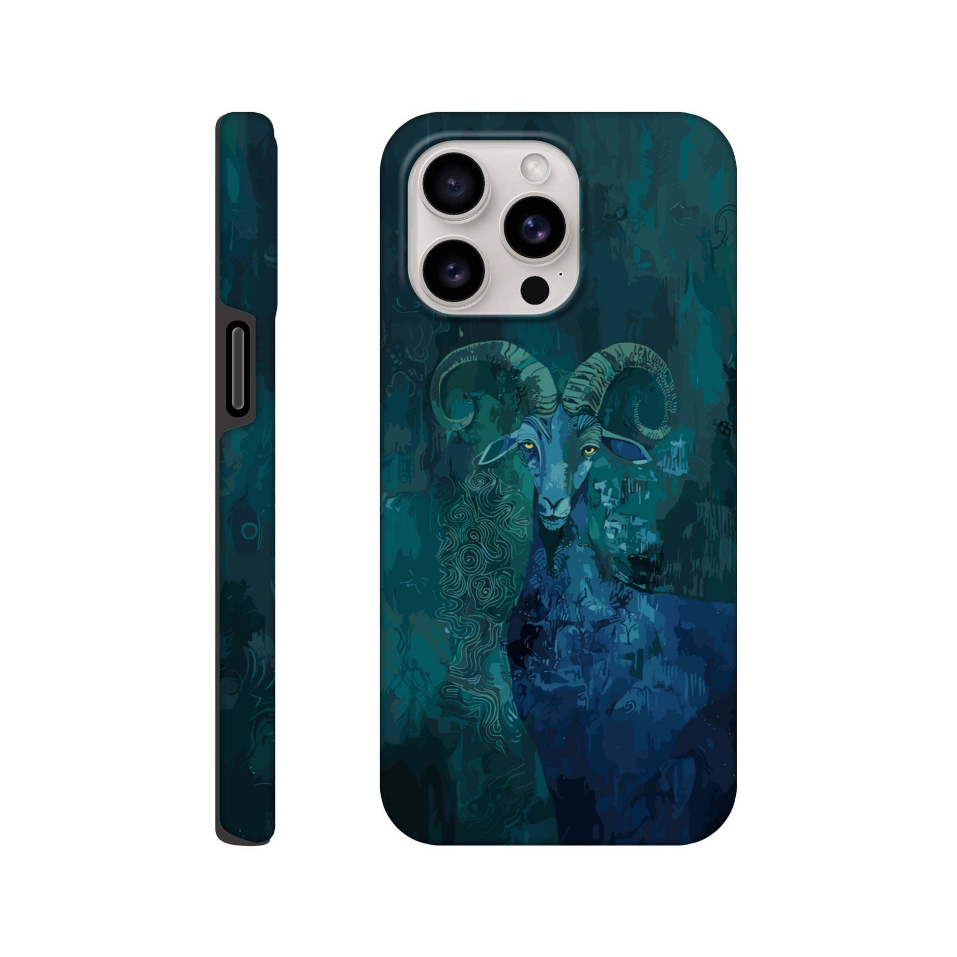 An Apple iPhone 15 Pro Max Phone Case with the following design on it - a Sea Goat, the symbol of the zodiac sign for Capricorn, fabric painting, dark green, indigo