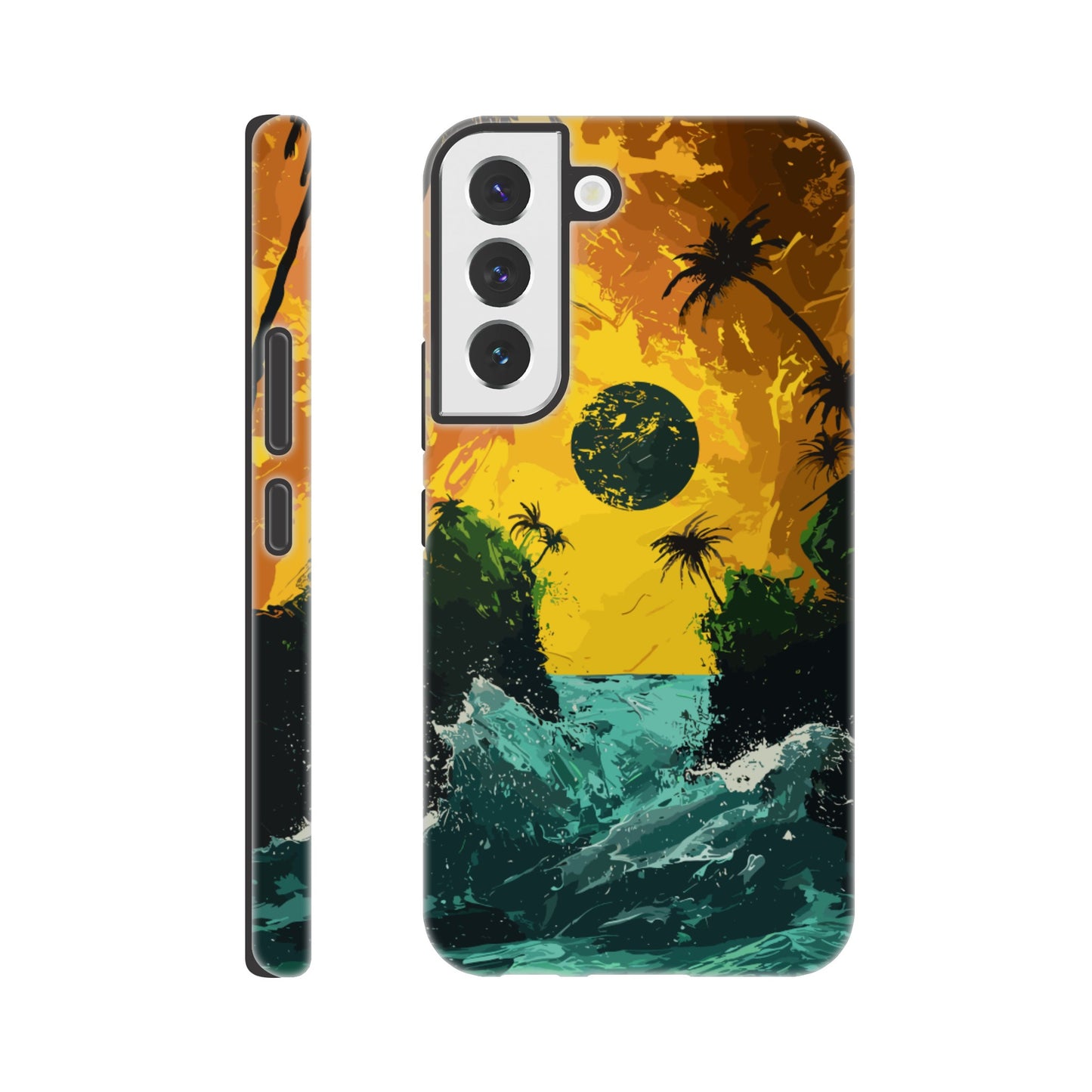 A Samsung Galaxy S22 Phone Case with the following design on it - Two green islands separated by a violent royal green sea: yellow orangish sky: black sun, alien looking palm trees, surrealism