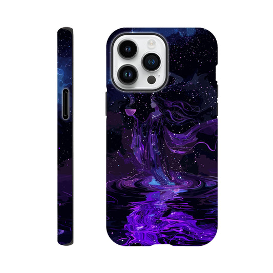 An Apple iPhone 14 Pro Max Phone Case with a design of the aquarius astrological zodiac symbol, purple, red, turquoise, 3d, pop art