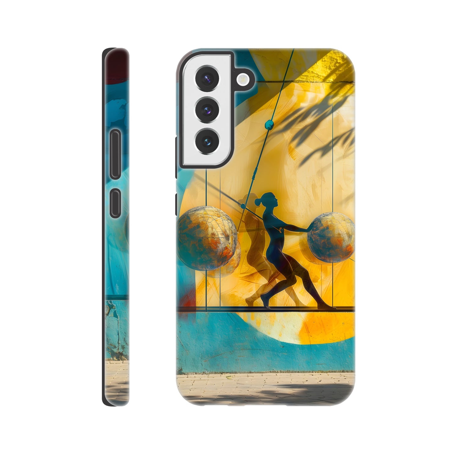 A Samsung Galaxy S22 Plus Phone Case with the following design on it: A colorful mural depicting the figure of a Female athlete with two circles and three spheres in yellow, blue, and red colors, painted on concrete walls. A woman is running between them while holding another sphere in her hand. The shadows cast by palm trees create dynamic patterns that highlight details like dots and lines, adding depth to the scene