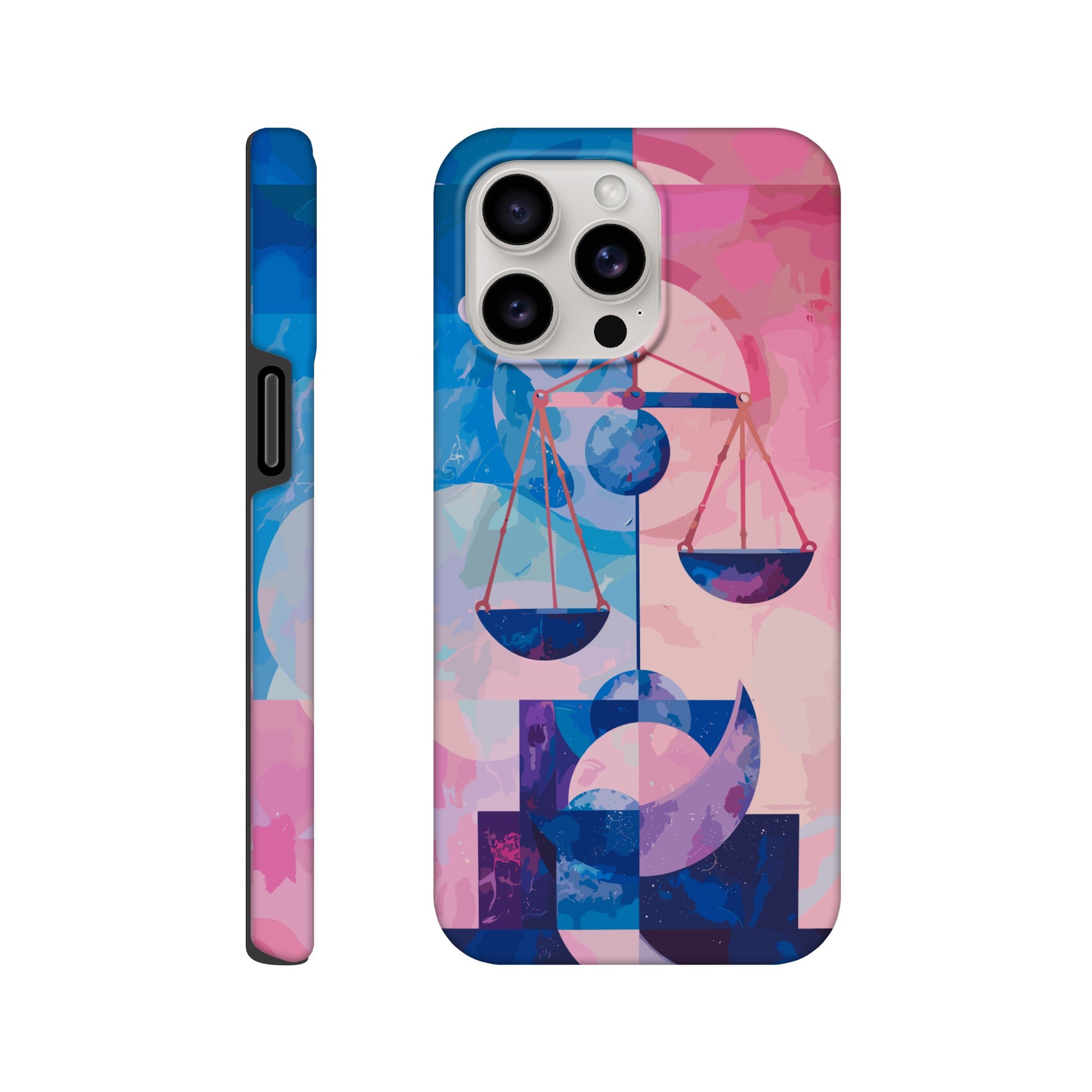 An Apple iPhone 15 Pro Max Phone Case with the following design on it : The Zodiac symbol for Libra, scales of justice theme, planet Venus in the background, Bauhaus style, royal blue, light pink