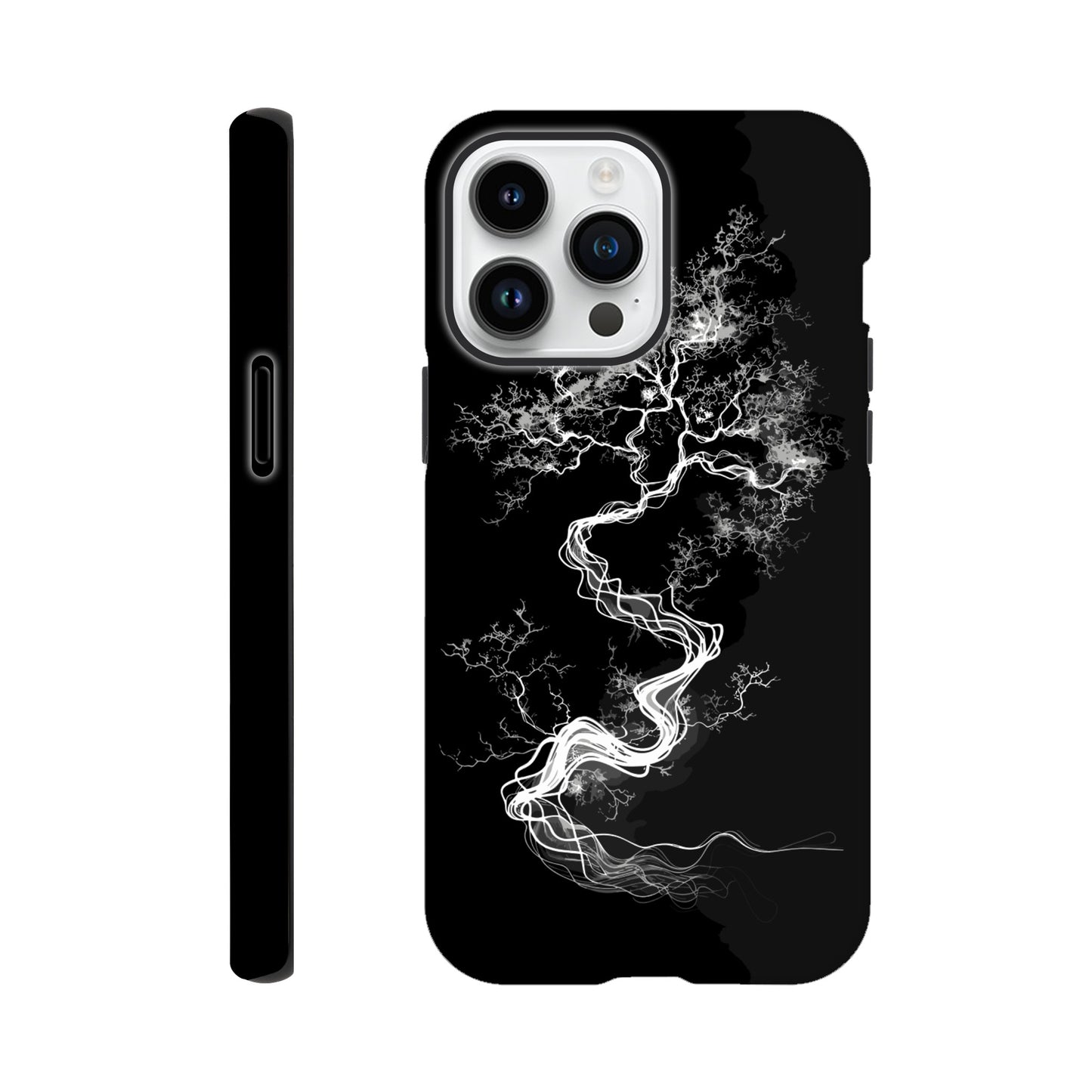 An Apple iPhone 14 Pro Max Phone Case with the following design on it - a sketch of a white fractal tree against a black background