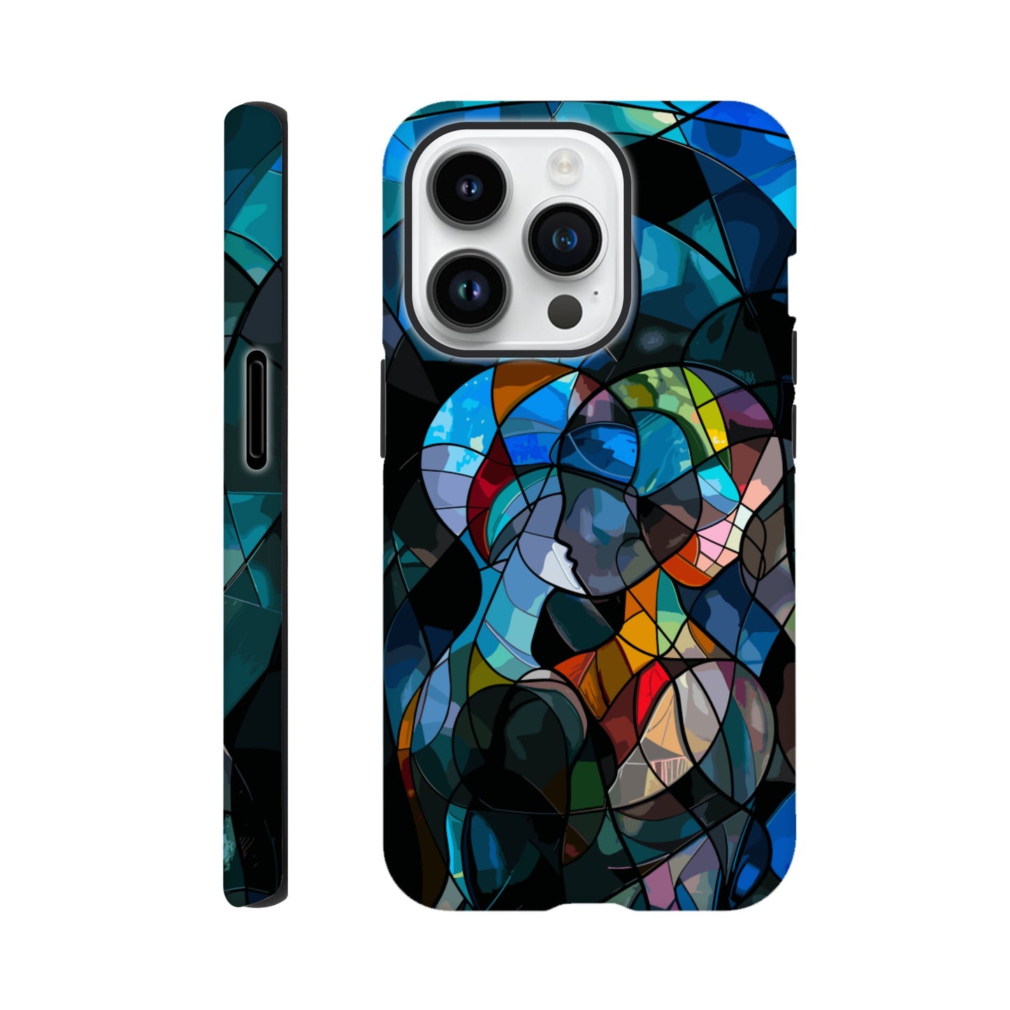 An Apple iPhone 14 Pro Phone Case with the following design: stained glass window of two people hugging, in the style of cubism, abstract shapes and lines, vibrant colors, dark background, hyper realistic 