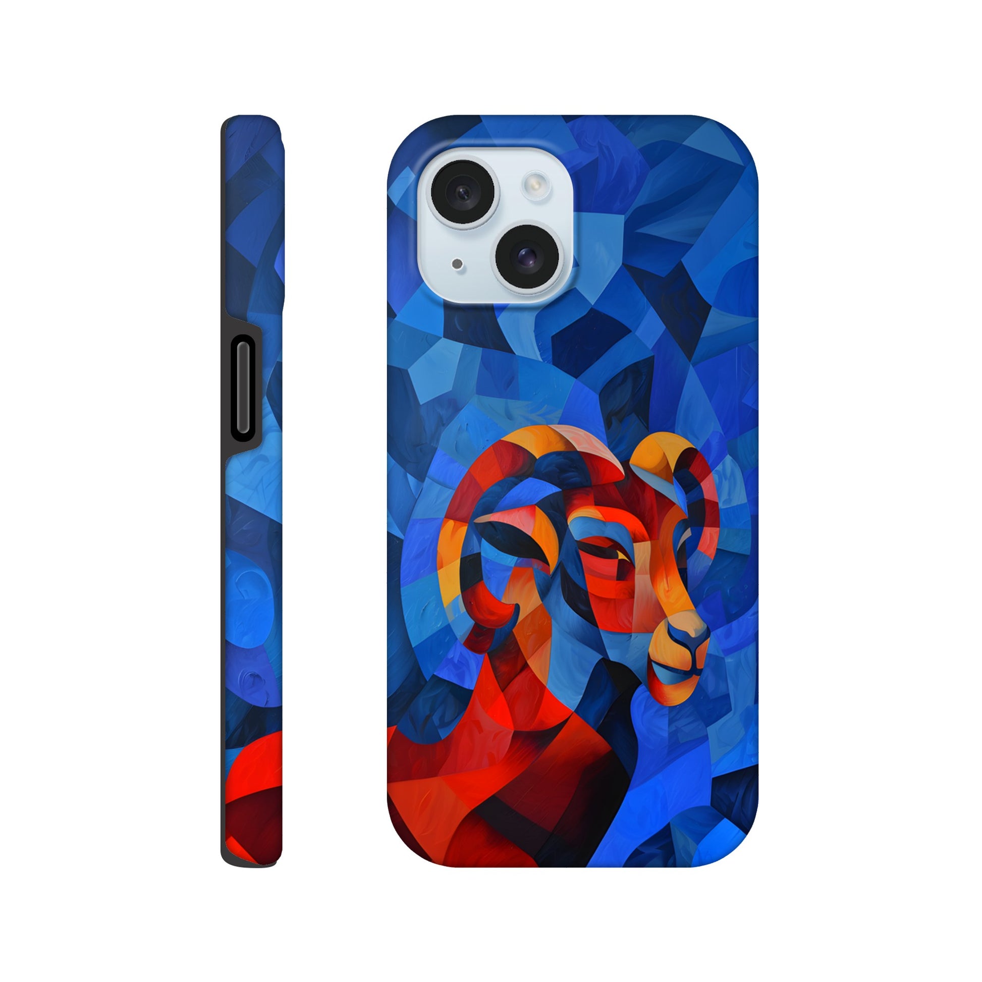 An Apple iPhone 15 Phone Case with a design of an Aries astrological sign- a Ram, in the style of cubism, blue, red,