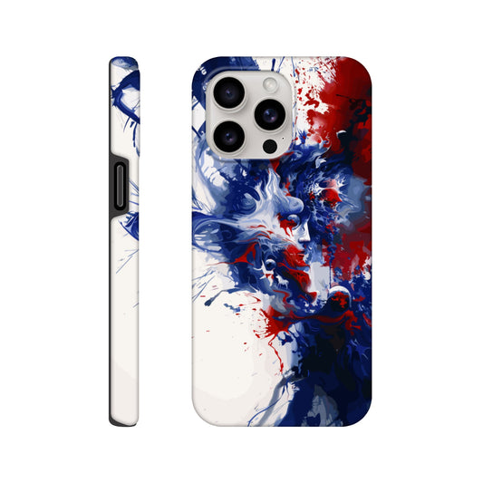 An Apple iPhone 15 Pro Max Phone Case with the following design on it: Abstract Blue and Red Painting, white background, ink painting, splash art in the style of ink painting, human profile in the middle which seems to be depicting someone in deep thought 