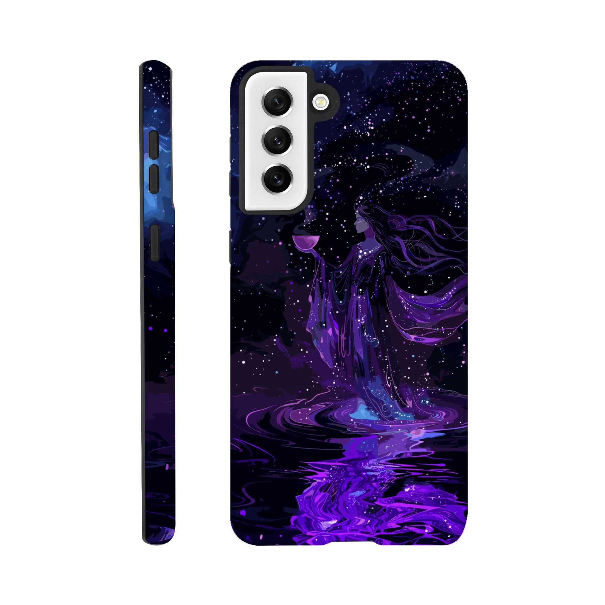 A Samsung Galaxy S21 Plus Phone with a design of the aquarius astrological zodiac symbol, purple, red, turquoise, 3d, pop art