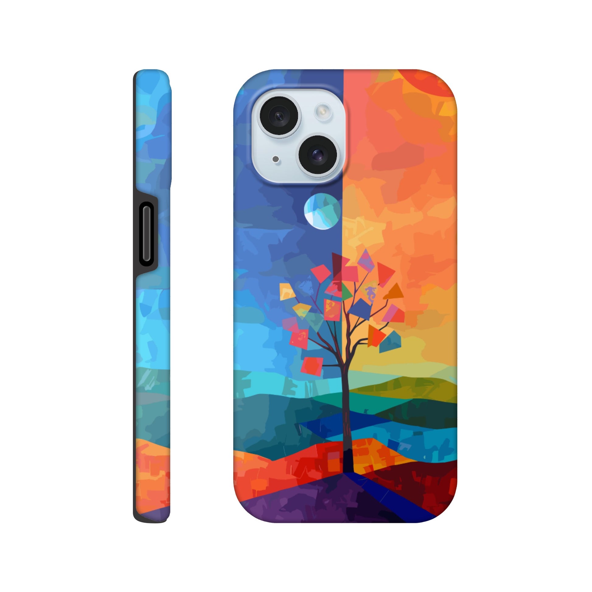 An Apple iPhone 15 Phone Case with the following design on it - A landscape with two distinct color blocks representing day and night, featuring the sun on one side and the moonlight on the other, with a tree in between, depicted as geometric shapes and colors in the style of abstract art, with vibrant and contrasting colors, a modern digital painting