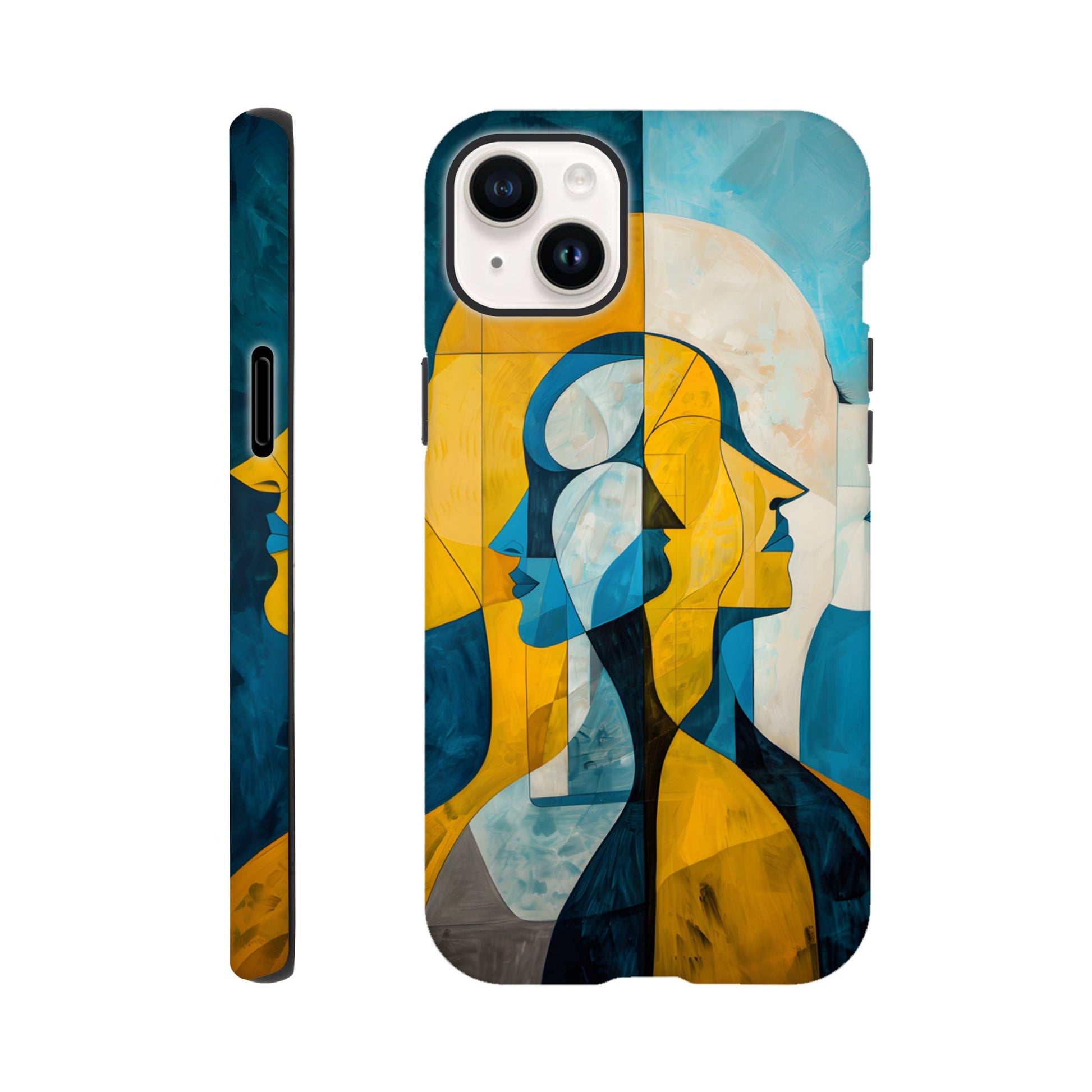 An Apple iPhone 14 Plus Phone Case with the following design on it - the Gemini Astrological sign depicting twins facing away from one another, the twins are of no specific sexual or ethnic orientation, yellow, baby blue, white, cubism