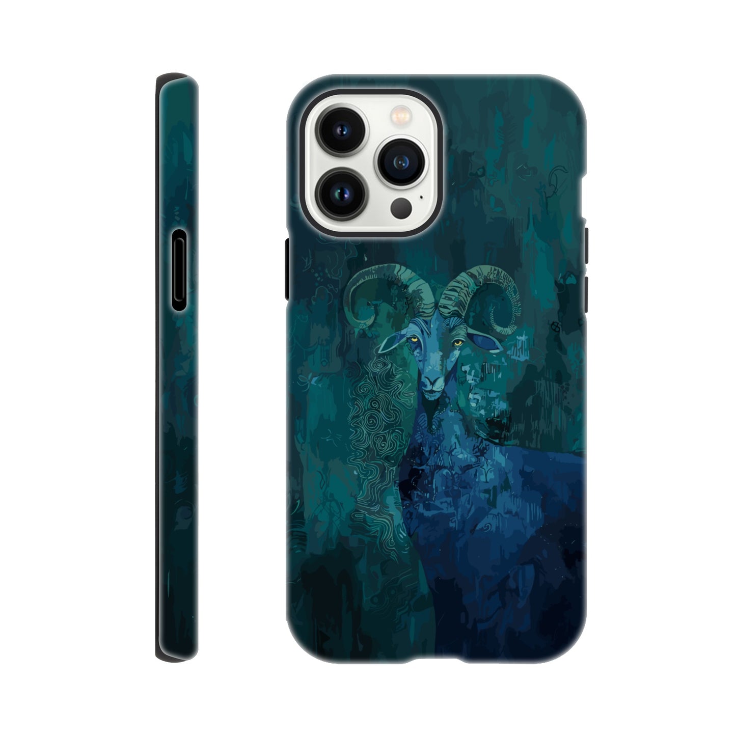 An Apple iPhone 13 Pro Max Phone Case with the following design on it - a Sea Goat, the symbol of the zodiac sign for capricorn, fabric painting, dark green, indigo