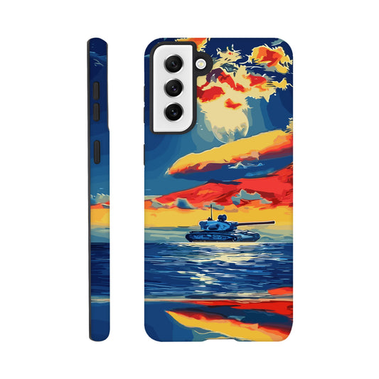 A Samsung Galaxy S21 Plus Phone Case with the following design on it : A tank is sailing on the sea, with colorful clouds in the sky and a sunset reflection on the water surface, the style of an oil painting. The main colors of red, blue, yellow and orange are presented in a flat illustration