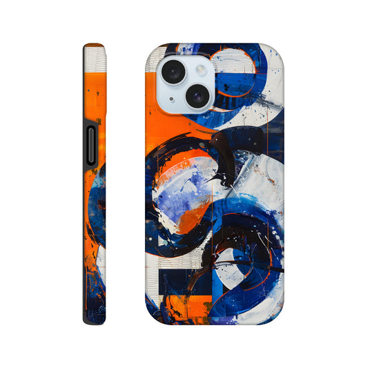 An Apple iPhone 15 Phone Case with the following design on it : An abstract painting of circles and squares in orange, blue and white, with an overall sense of movement and vitality. The background is collage-like, with elements such as textures, lines, stripes, scribbles and splashes of paint, along with irregular shapes