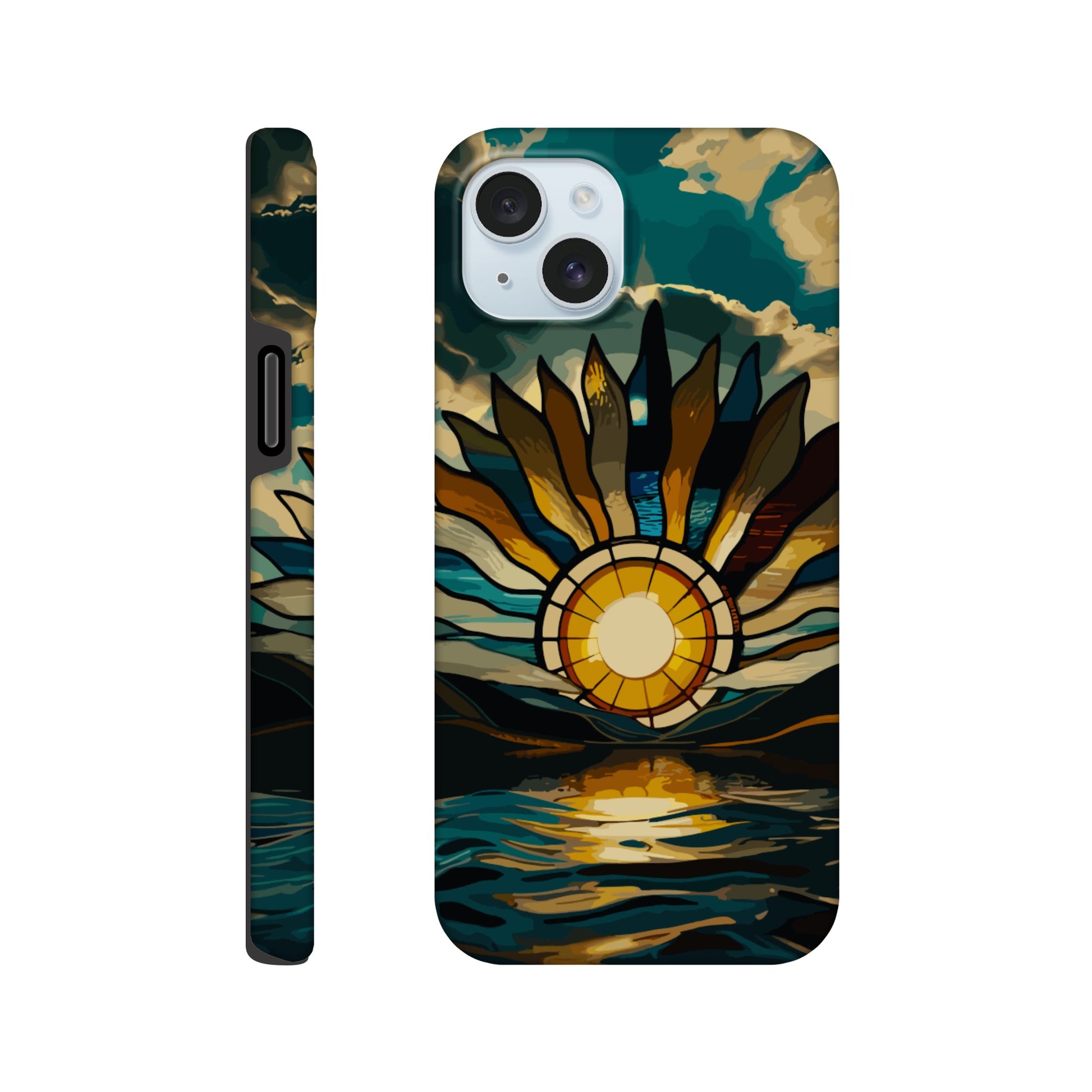 An iPhone 15 Plus Phone Case with the following design on it: A giant stained glass sun, with rays of light reflecting on the water below, in a cinematic, epic, fantasy art style