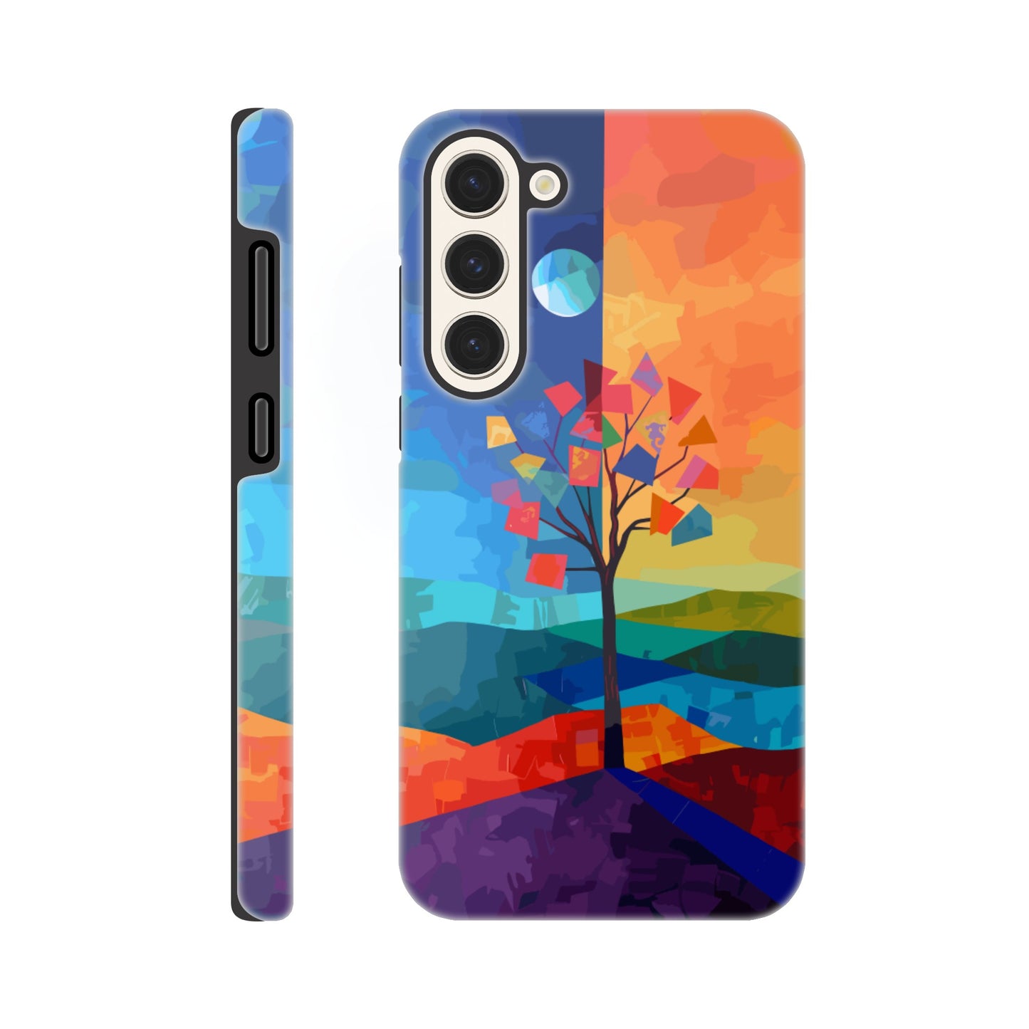 A Samsung Galaxy S23 Plus  Phone Case with the following design on it : A landscape with two distinct color blocks representing day and night, featuring the sun on one side and the moonlight on the other, with a tree in between, depicted as geometric shapes and colors in the style of abstract art, with vibrant and contrasting colors, a modern digital painting