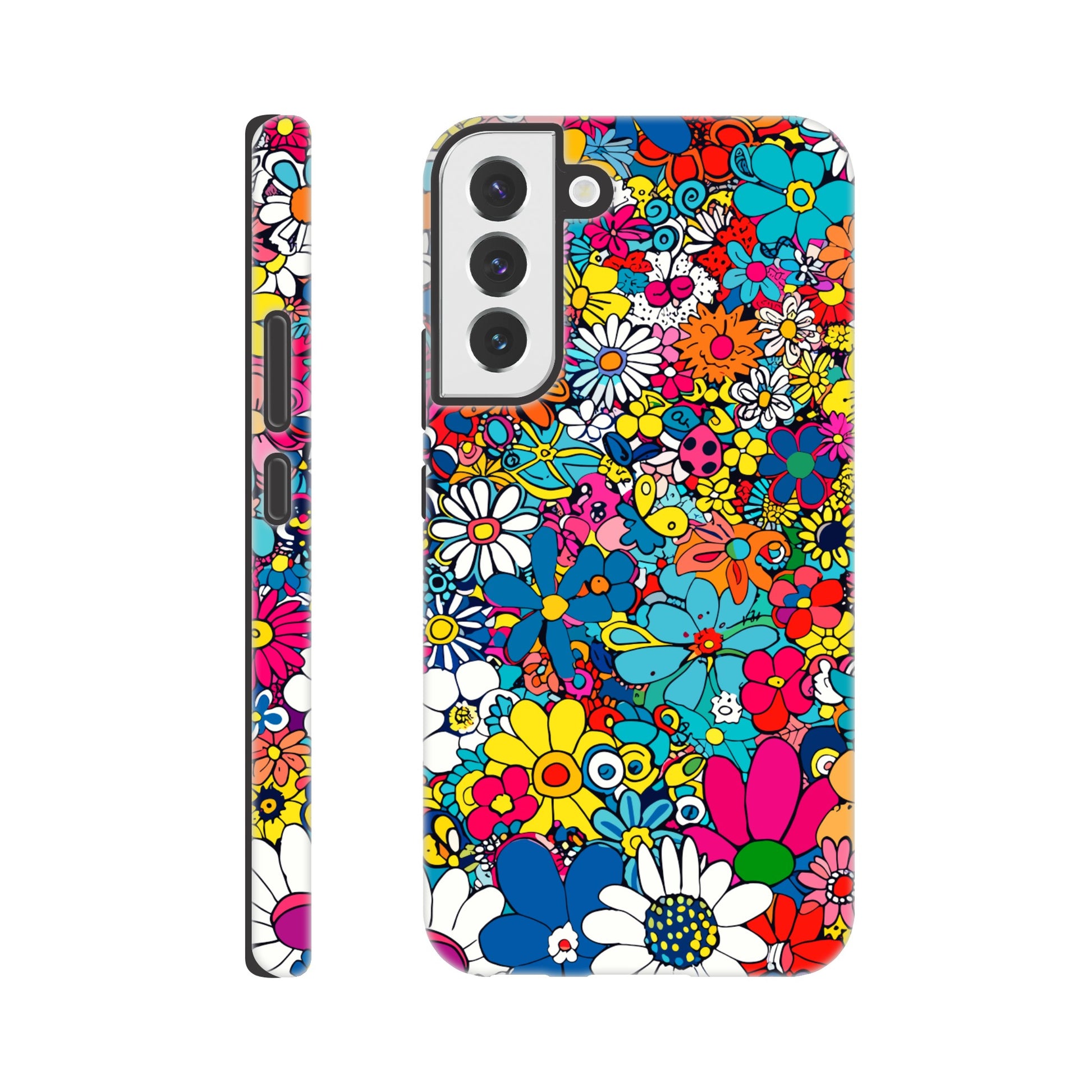 A Samsung Galaxy S22 Plus Phone Case with the following design on it : Lots of retro looking flowers of multiple colors with no discernible arrangement against a white background. 